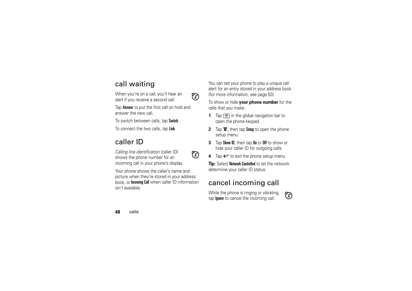 Call waiting, Caller id, Cancel incoming call | Call waiting caller id cancel incoming call | Motorola A1200 User Manual | Page 50 / 144