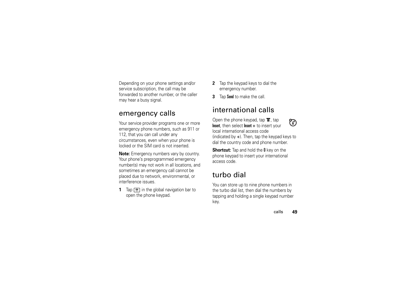 Emergency calls, International calls, Turbo dial | Emergency calls international calls turbo dial | Motorola A1200 User Manual | Page 51 / 144