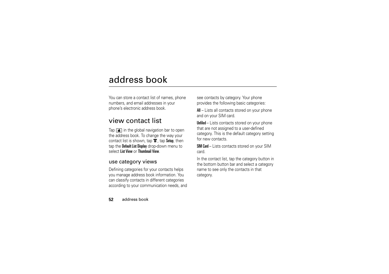 Address book, View contact list | Motorola A1200 User Manual | Page 54 / 144