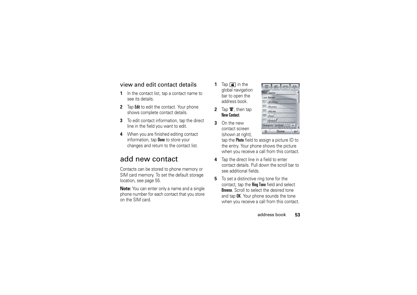 Add new contact, View and edit contact details | Motorola A1200 User Manual | Page 55 / 144