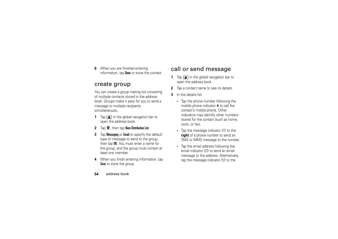 Create group, Call or send message, Create group call or send message . 54 | Motorola A1200 User Manual | Page 56 / 144