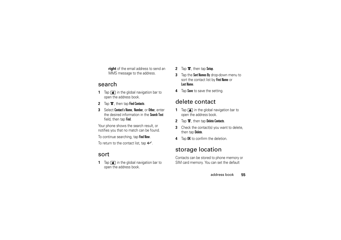 Search, Sort, Delete contact | Storage location, Search sort delete contact storage location | Motorola A1200 User Manual | Page 57 / 144