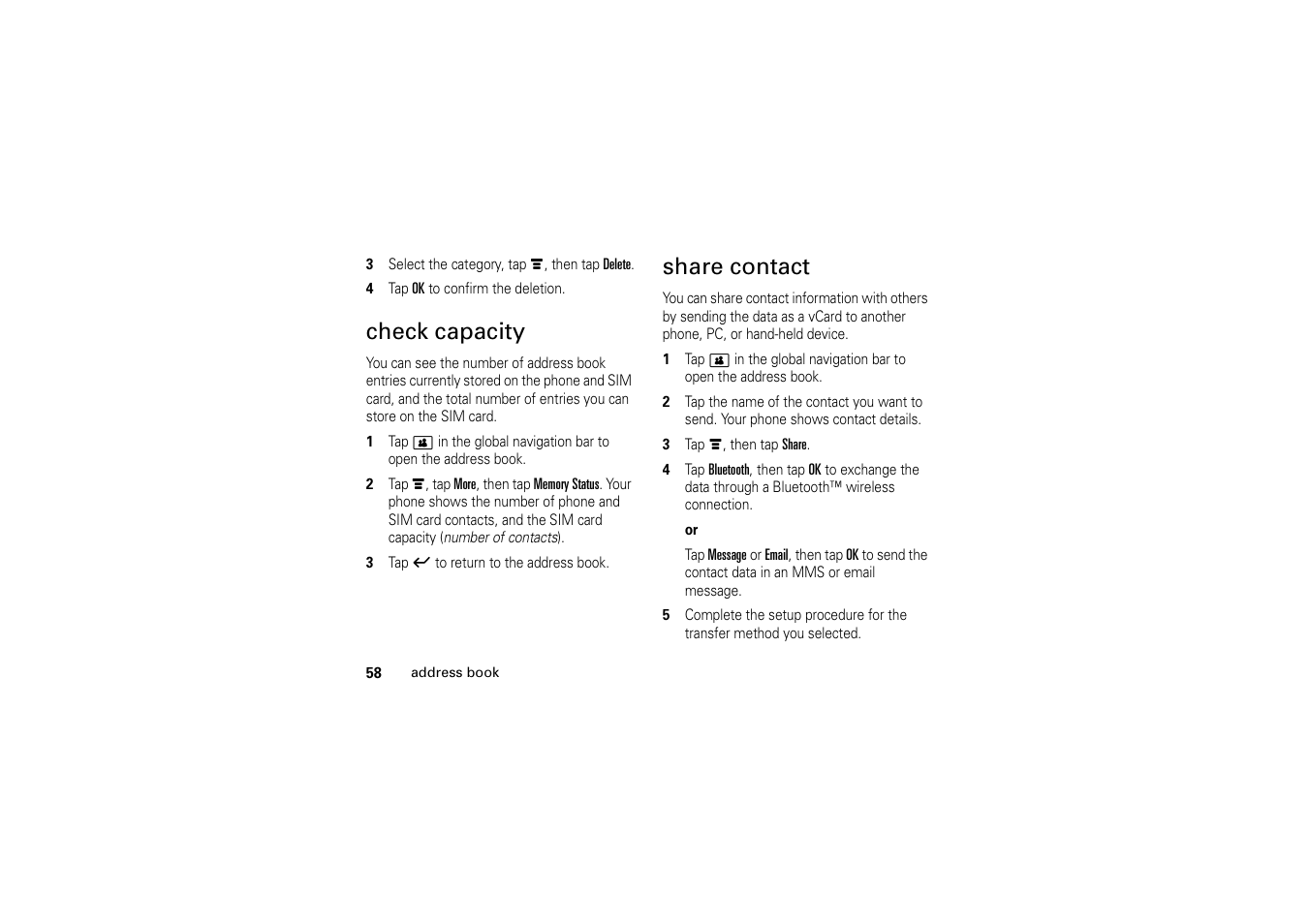 Check capacity, Share contact, Check capacity share contact | Motorola A1200 User Manual | Page 60 / 144