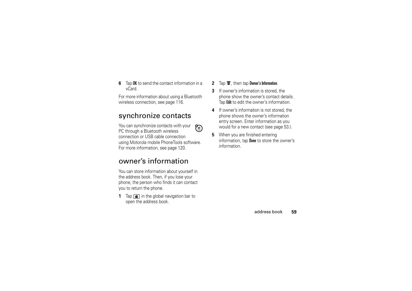 Synchronize contacts, Owner’s information, Synchronize contacts . 59 owner’s information | Motorola A1200 User Manual | Page 61 / 144