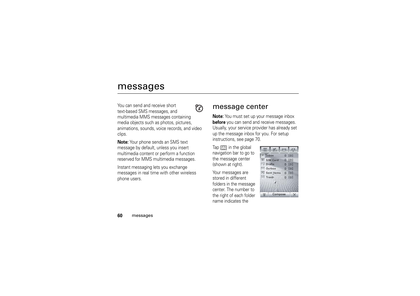 Messages, Message center | Motorola A1200 User Manual | Page 62 / 144