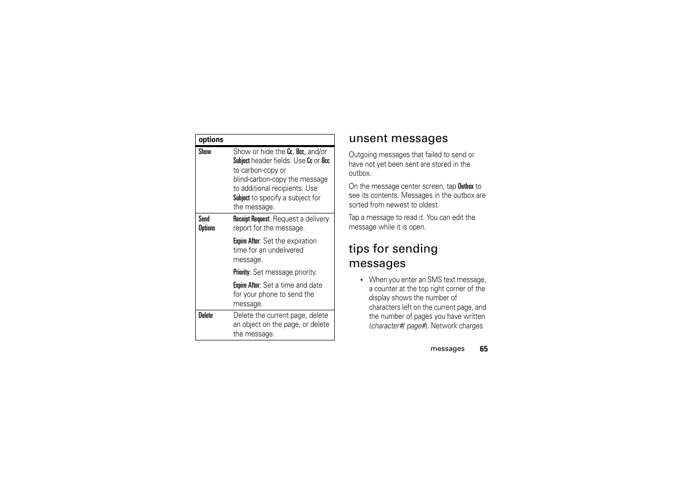 Unsent messages, Tips for sending messages, Unsent messages tips for sending messages | Motorola A1200 User Manual | Page 67 / 144