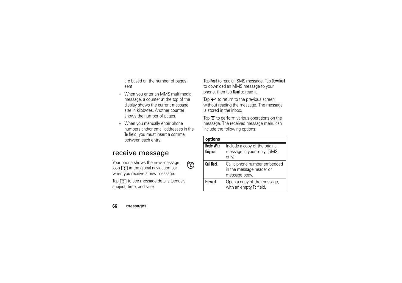 Receive message | Motorola A1200 User Manual | Page 68 / 144