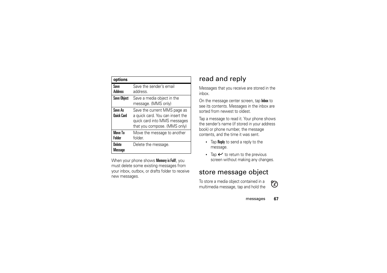 Read and reply, Store message object, Read and reply store message object. 67 | Motorola A1200 User Manual | Page 69 / 144
