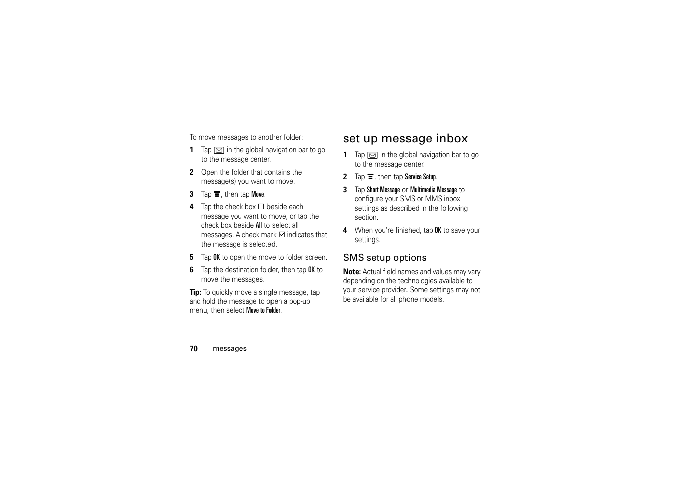 Set up message inbox, Set up message inbox 70 | Motorola A1200 User Manual | Page 72 / 144