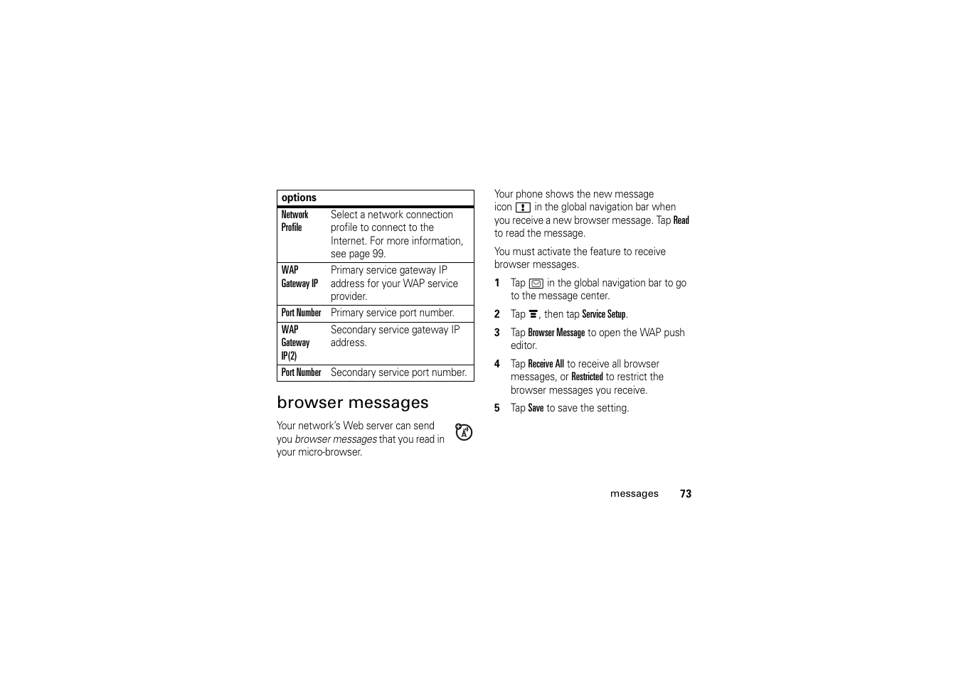 Browser messages | Motorola A1200 User Manual | Page 75 / 144