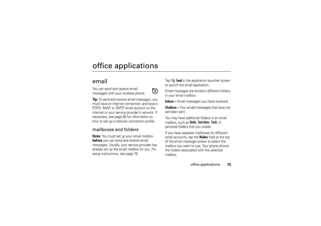 Office applications, Email | Motorola A1200 User Manual | Page 77 / 144