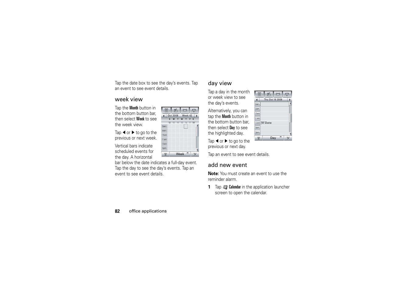 Week view, Day view, Add new event | Motorola A1200 User Manual | Page 84 / 144