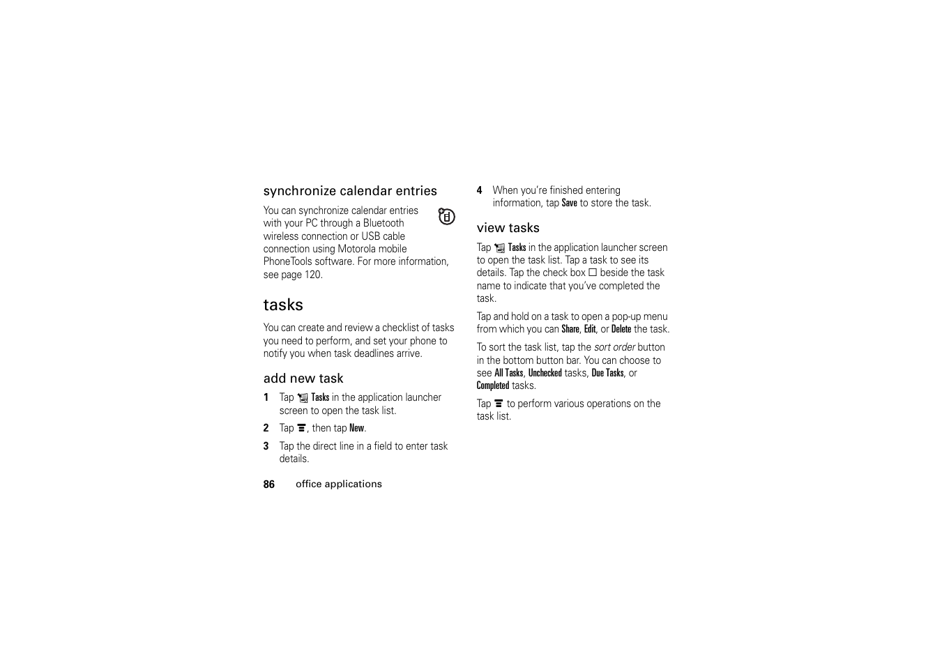 Tasks | Motorola A1200 User Manual | Page 88 / 144