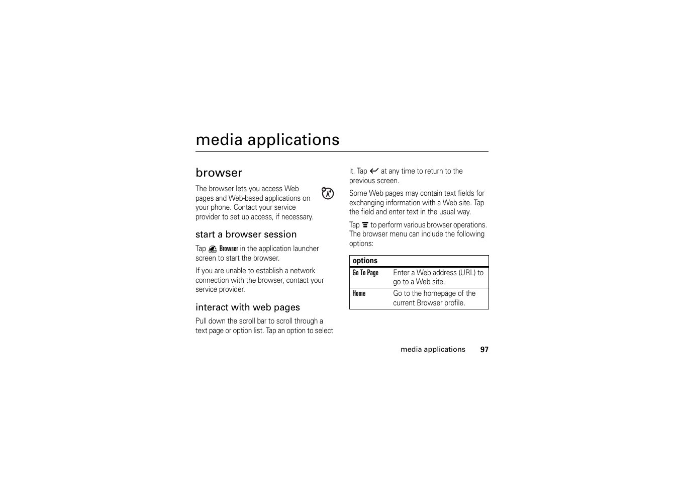 Media applications, Browser | Motorola A1200 User Manual | Page 99 / 144