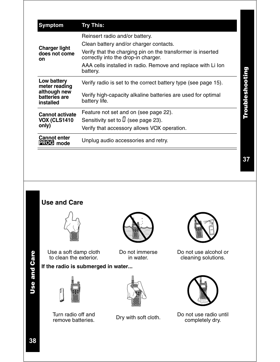 38 use and care | Motorola CLS1110 CLS1410 User Manual | Page 20 / 30