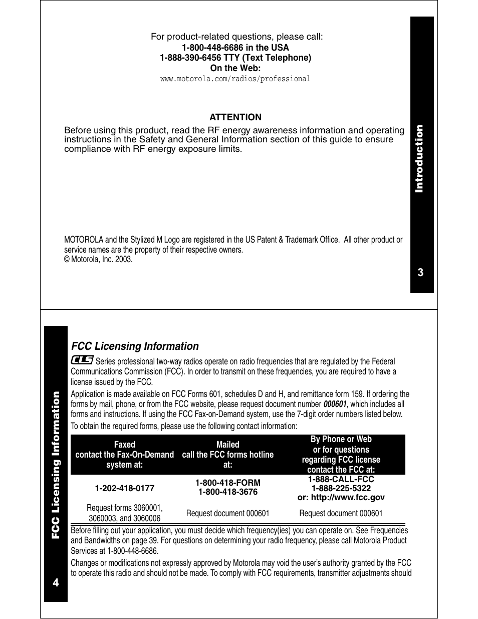 4fcc licensing information | Motorola CLS1110 CLS1410 User Manual | Page 3 / 30