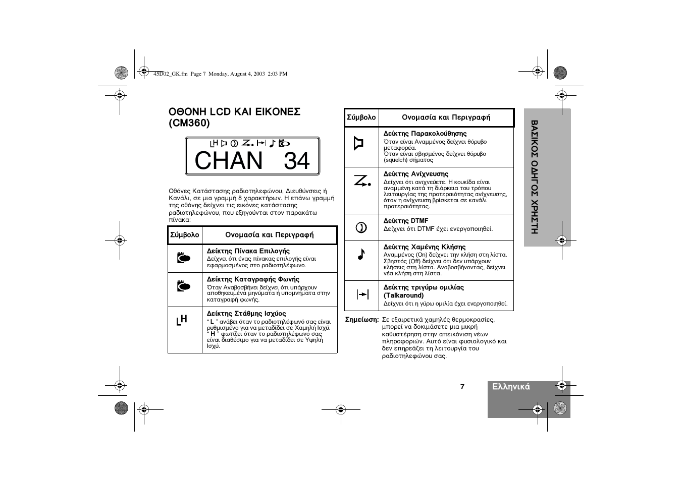 Chan 34, Œ»œõ« lcd ¡… ≈… œõ≈” (cm360) | Motorola CM340 User Manual | Page 109 / 184