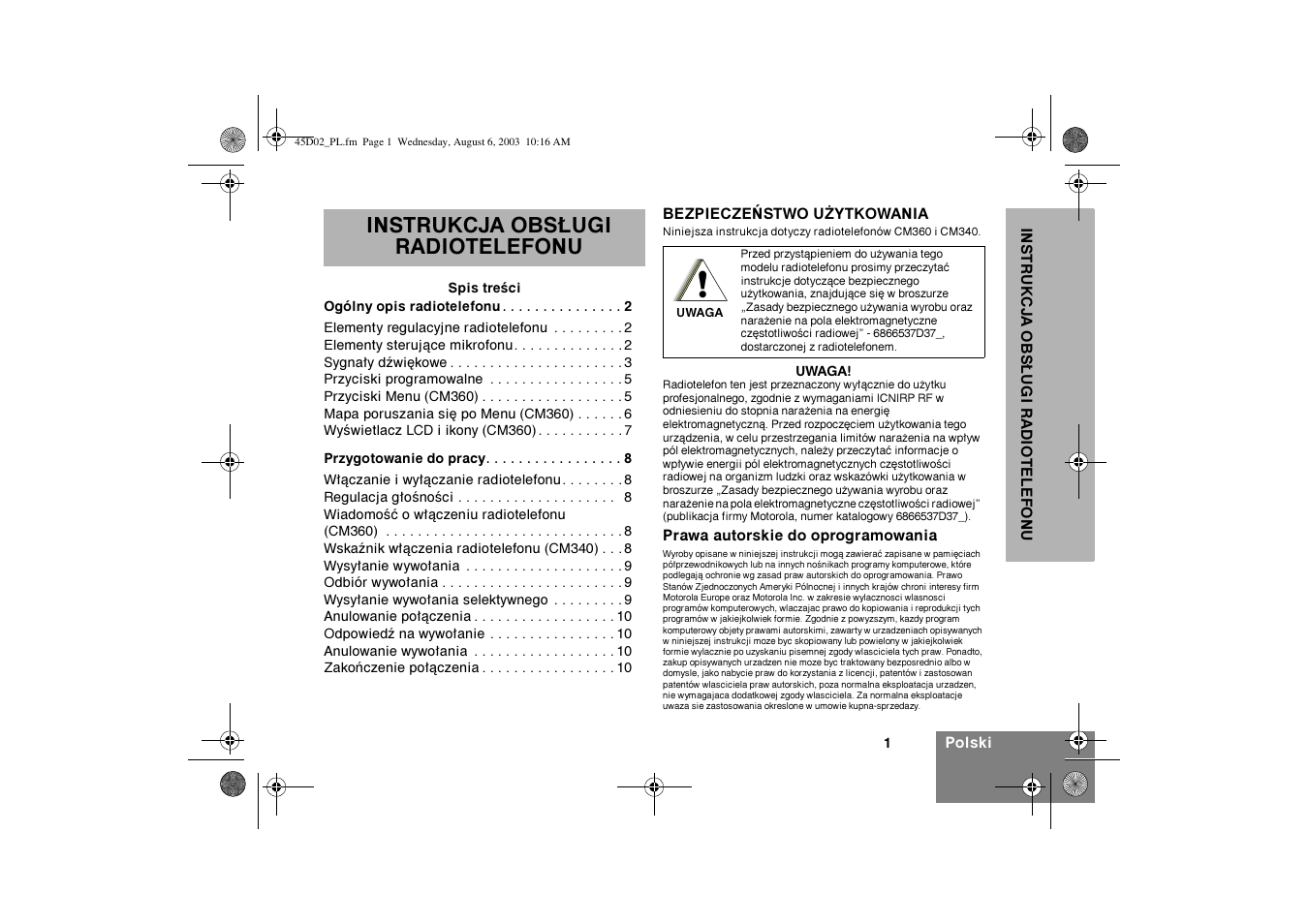 Instrukcja obs£ugi radiotelefonu | Motorola CM340 User Manual | Page 143 / 184