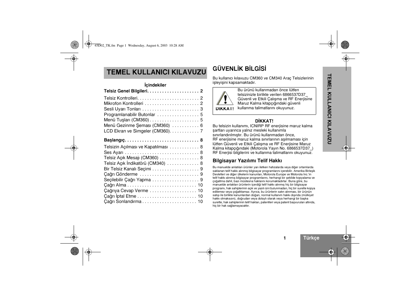 Temel kullanici kilavuzu | Motorola CM340 User Manual | Page 163 / 184