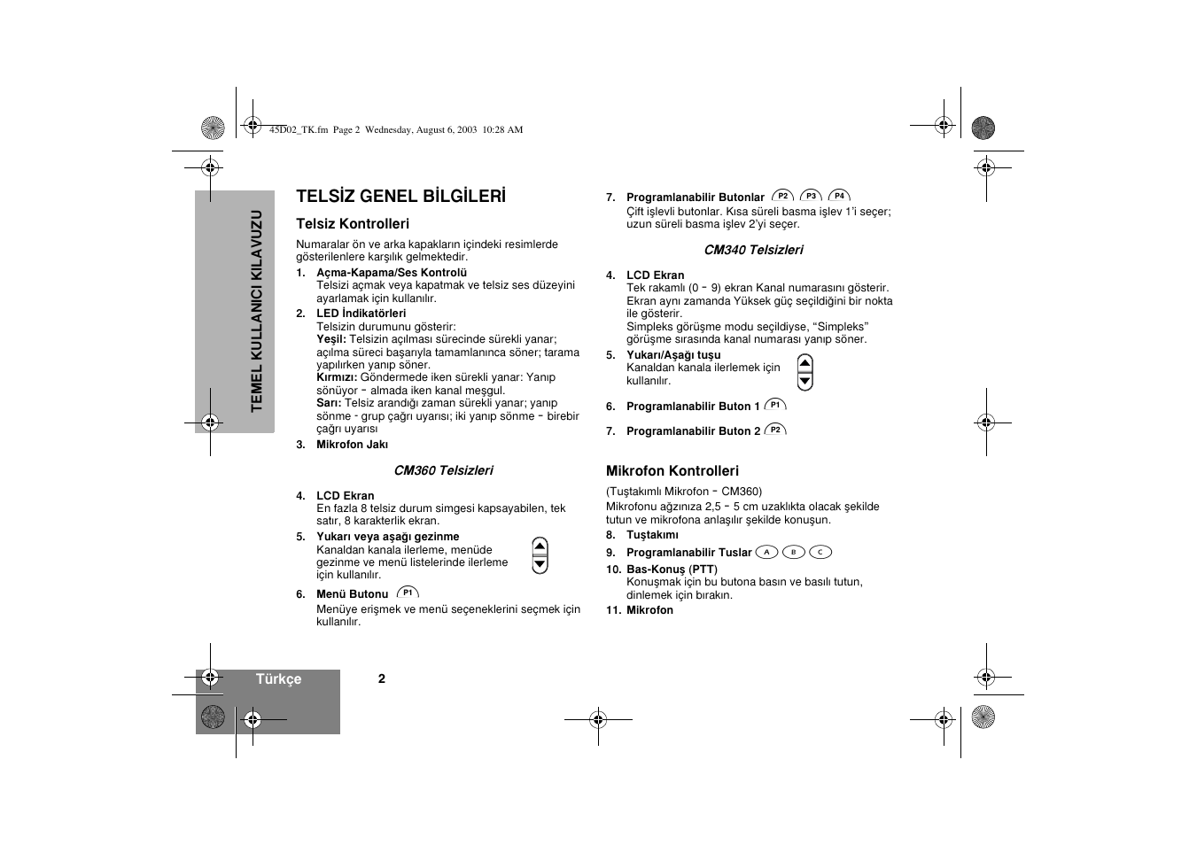 Telsýz genel býlgýlerý | Motorola CM340 User Manual | Page 164 / 184