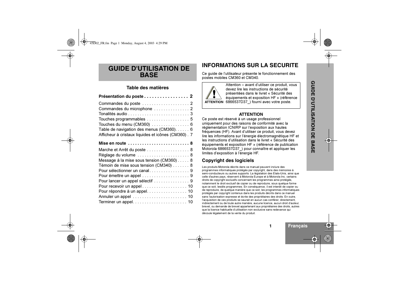 Guide d'utilisation de base | Motorola CM340 User Manual | Page 23 / 184