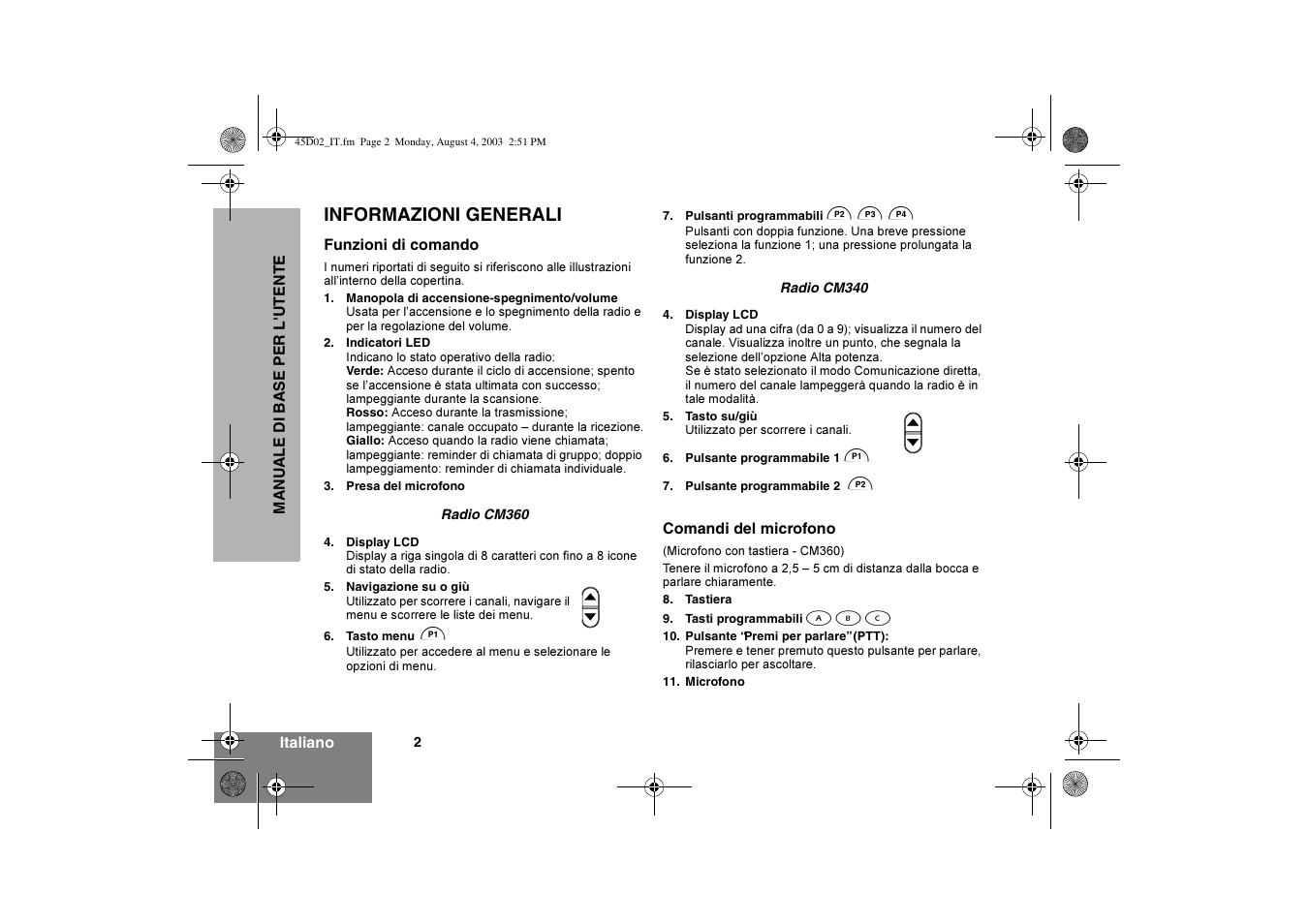 Informazioni generali | Motorola CM340 User Manual | Page 44 / 184