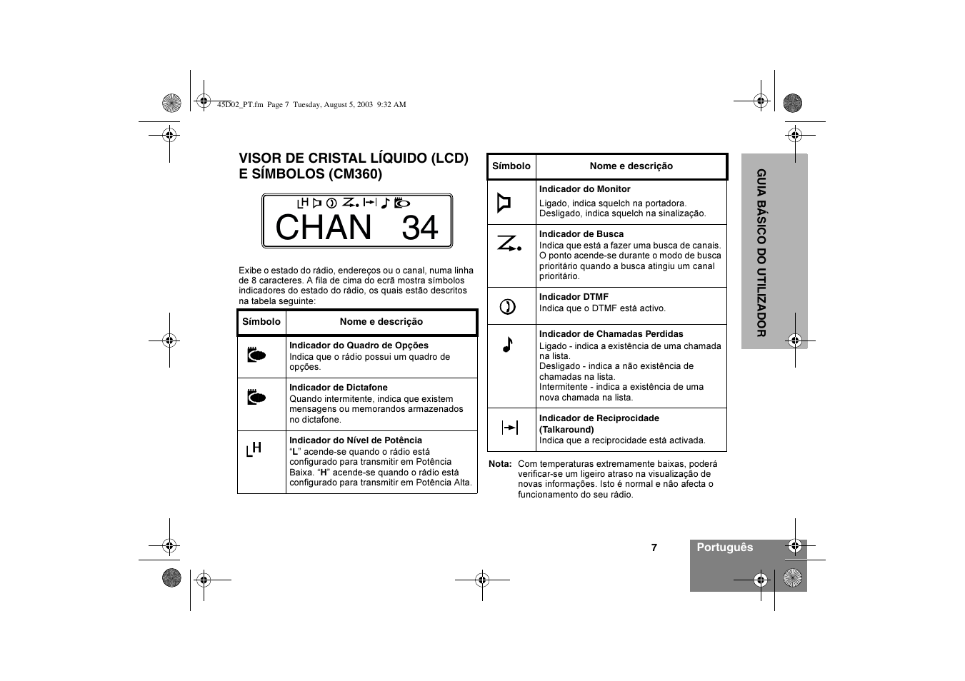 Chan 34, Visor de cristal líquido (lcd) e símbolos (cm360) | Motorola CM340 User Manual | Page 59 / 184