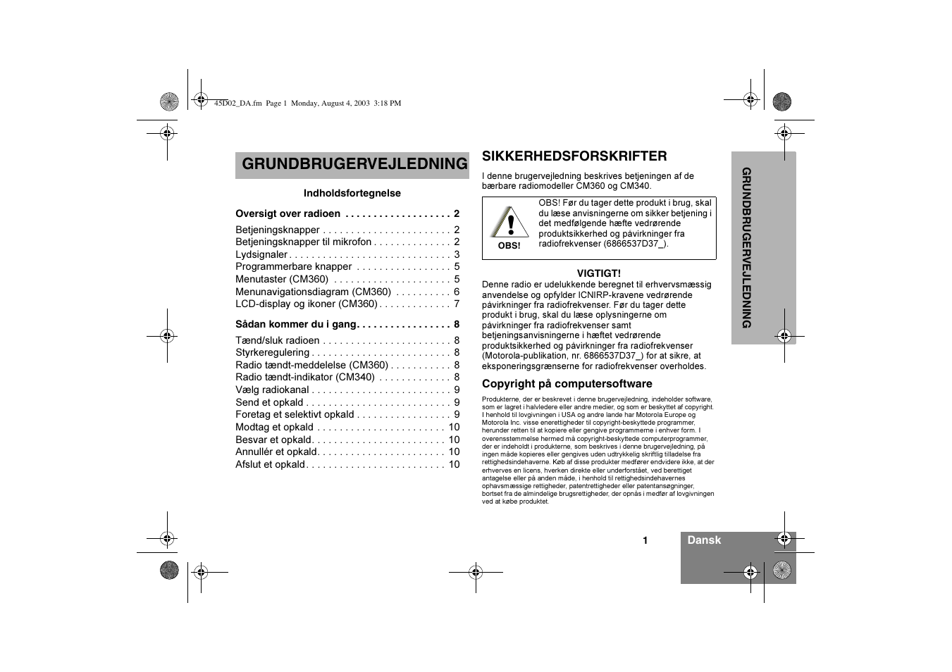 Grundbrugervejledning | Motorola CM340 User Manual | Page 63 / 184