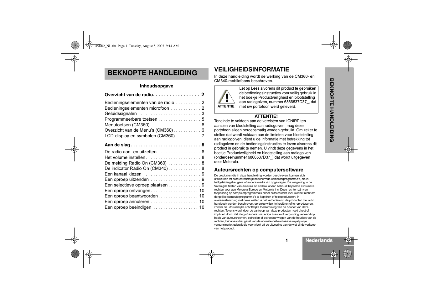 Beknopte handleiding | Motorola CM340 User Manual | Page 83 / 184