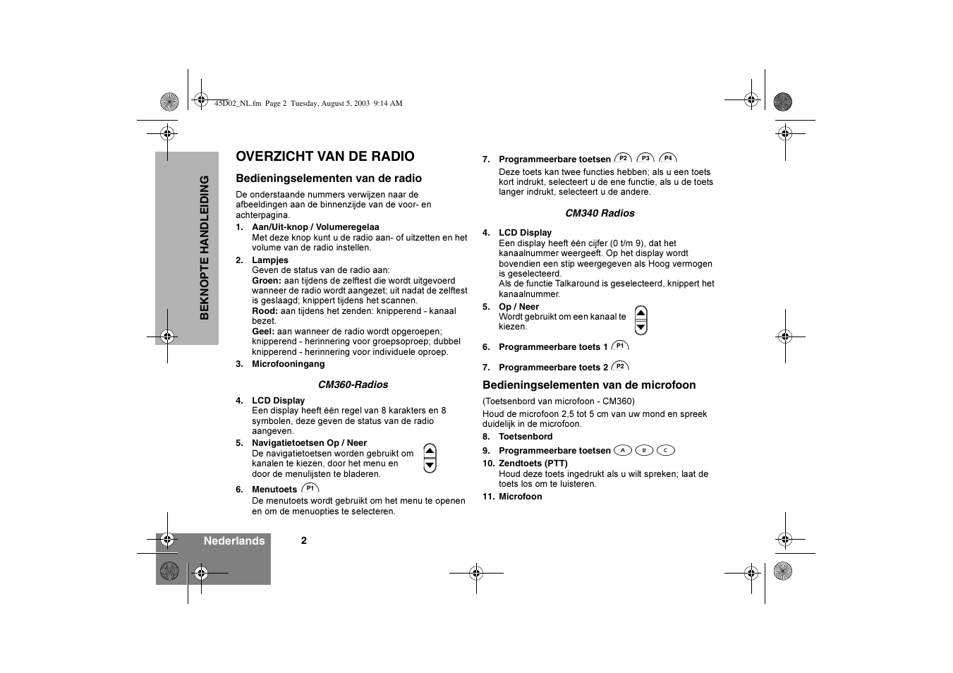 Overzicht van de radio | Motorola CM340 User Manual | Page 84 / 184