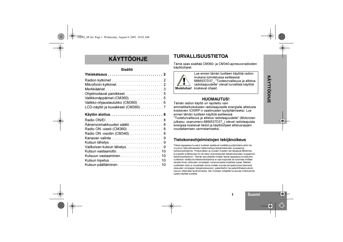 Käyttöohje | Motorola CM340 User Manual | Page 93 / 184