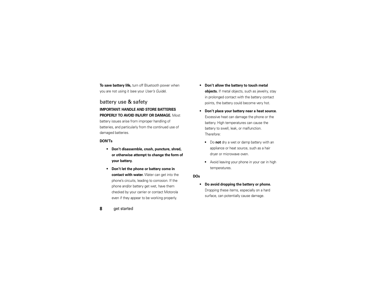 Battery use & safety | Motorola Evoke 68000201338-C User Manual | Page 10 / 128