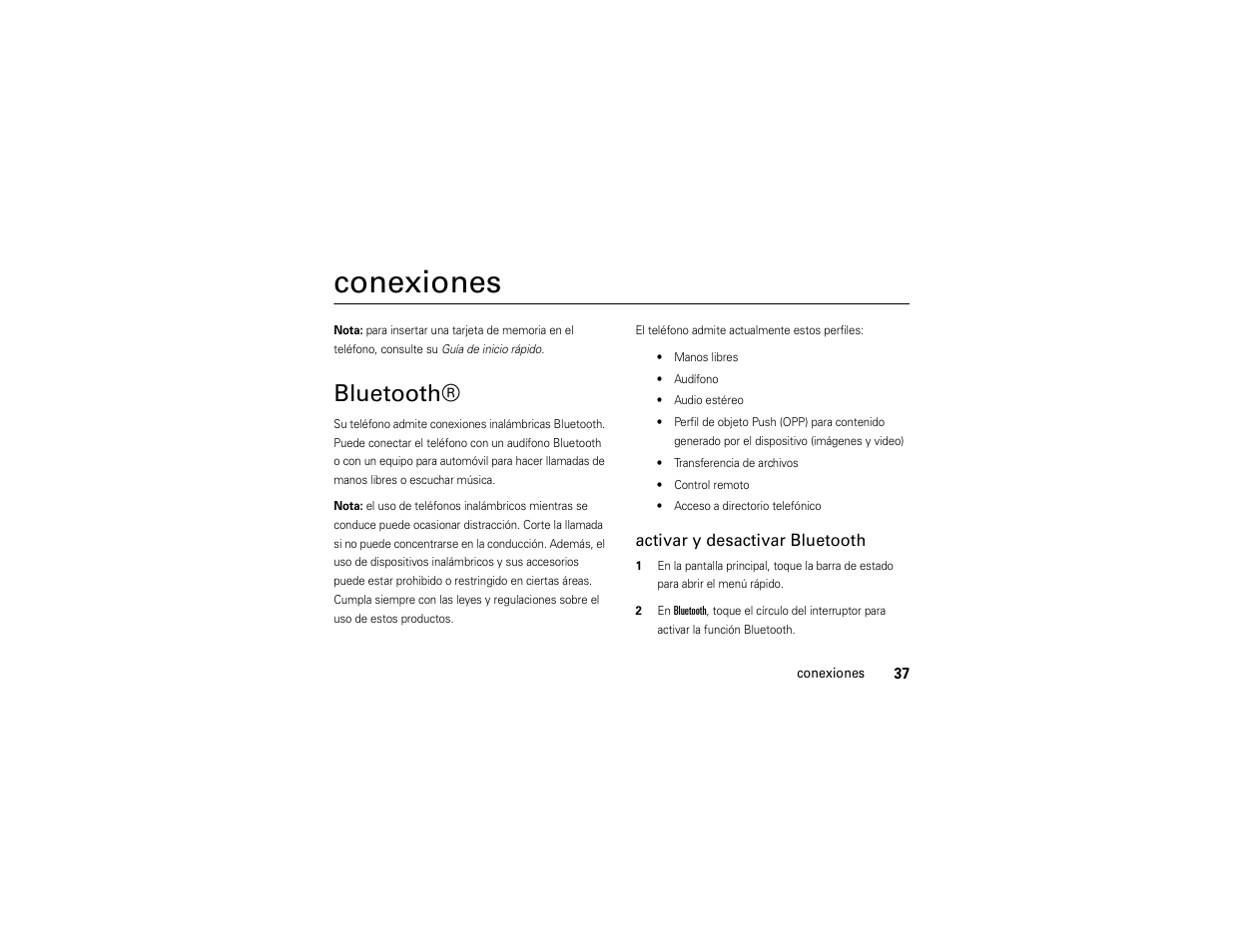 Conexiones, Bluetooth | Motorola Evoke 68000201338-C User Manual | Page 101 / 128