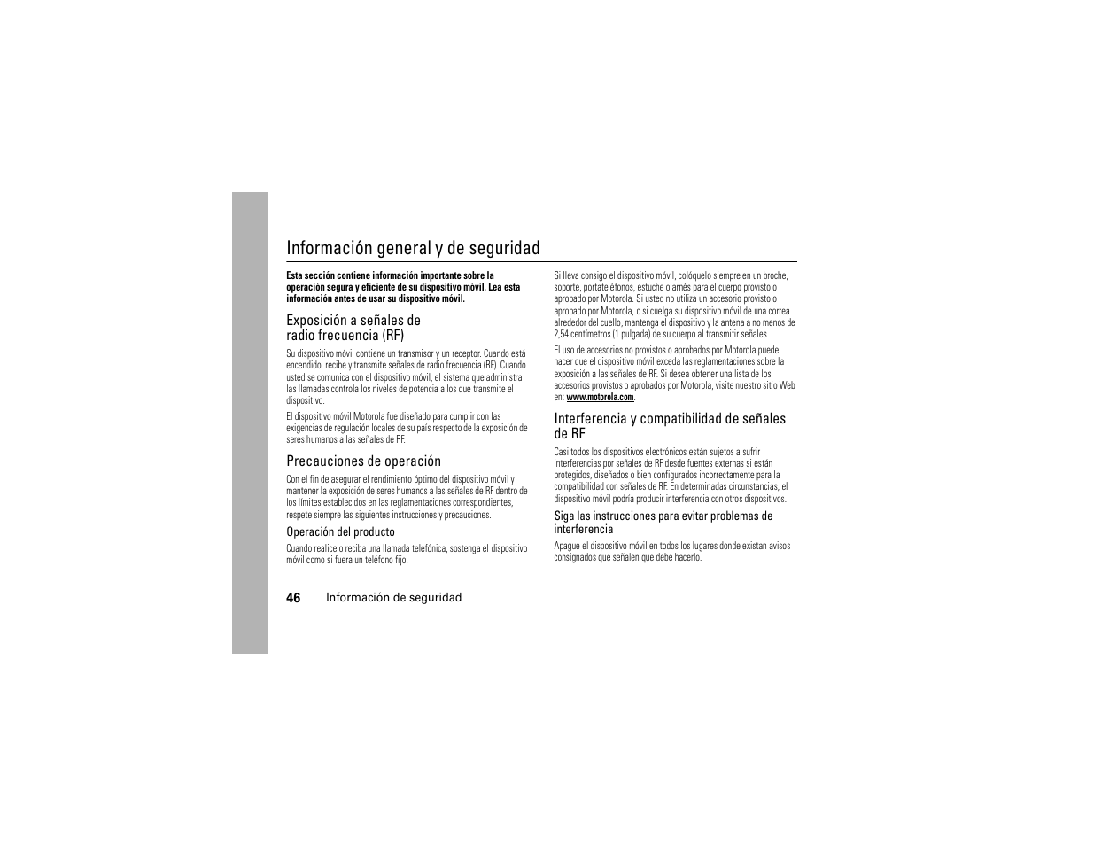 Información de seguridad, Información general y de seguridad | Motorola Evoke 68000201338-C User Manual | Page 110 / 128