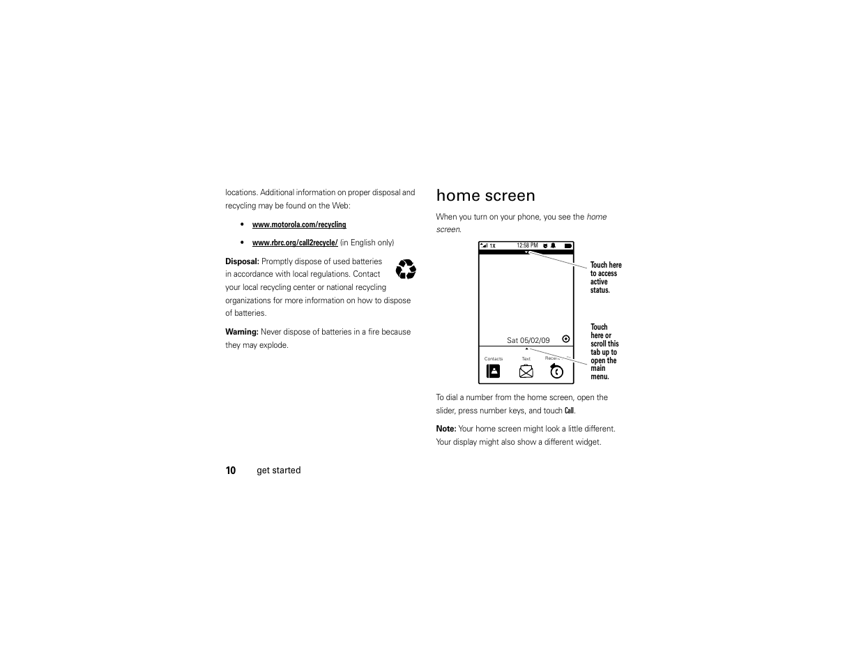 Home screen | Motorola Evoke 68000201338-C User Manual | Page 12 / 128