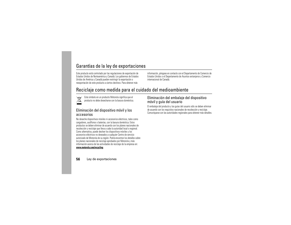 Ley de exportaciones, Información de reciclaje, Garantías de la ley de exportaciones | Motorola Evoke 68000201338-C User Manual | Page 120 / 128