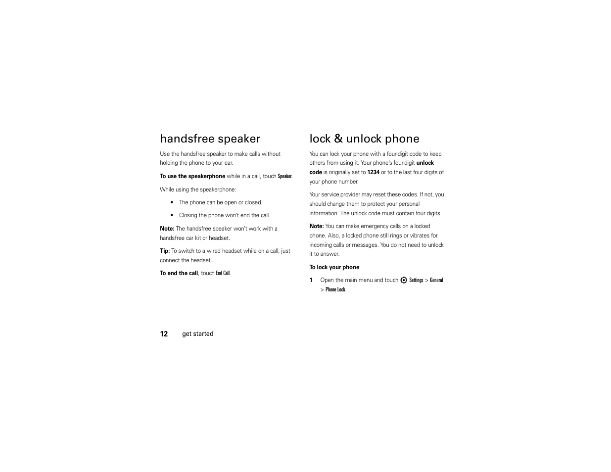 Handsfree speaker, Lock & unlock phone | Motorola Evoke 68000201338-C User Manual | Page 14 / 128