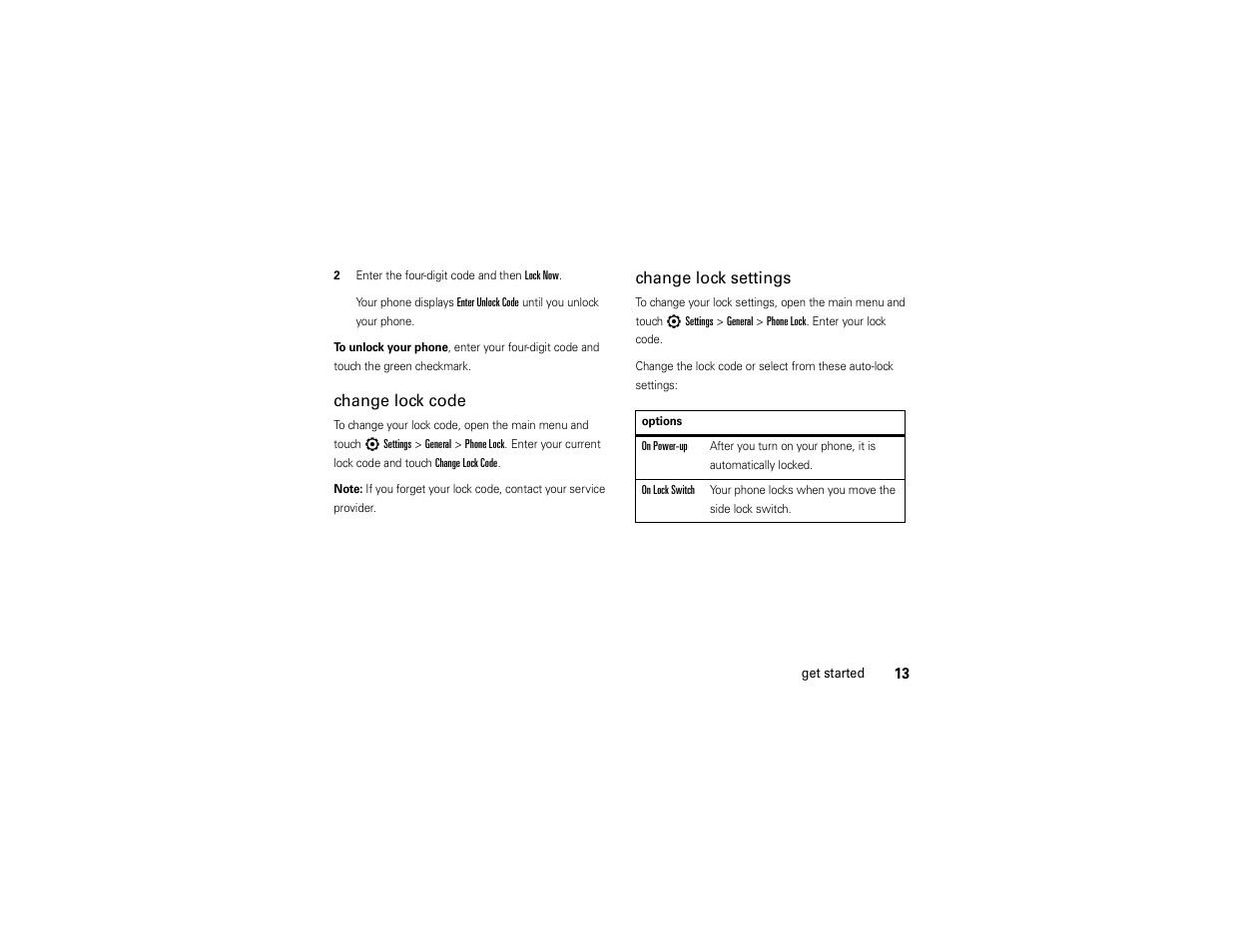 Change lock code, Change lock settings | Motorola Evoke 68000201338-C User Manual | Page 15 / 128