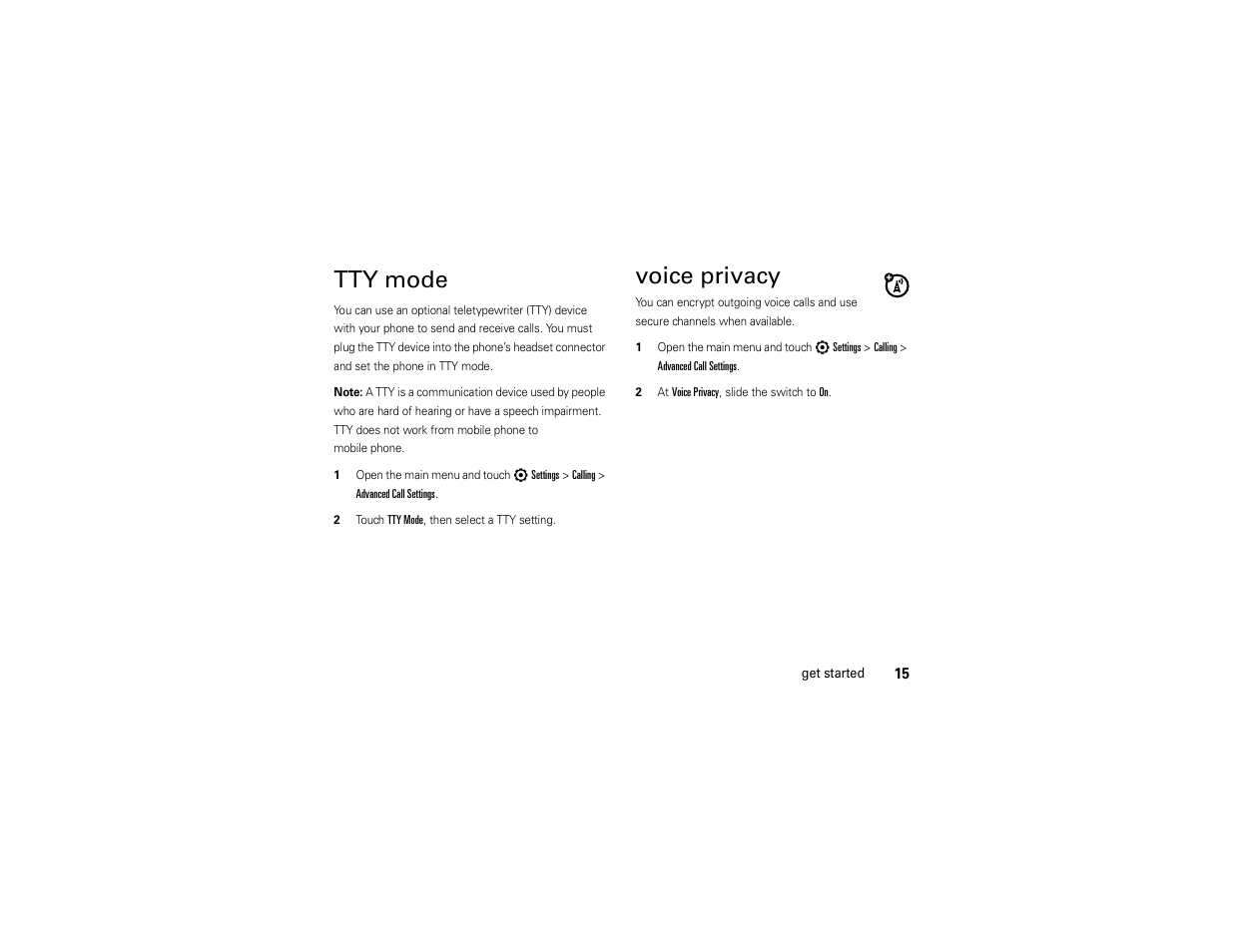 Tty mode, Voice privacy | Motorola Evoke 68000201338-C User Manual | Page 17 / 128