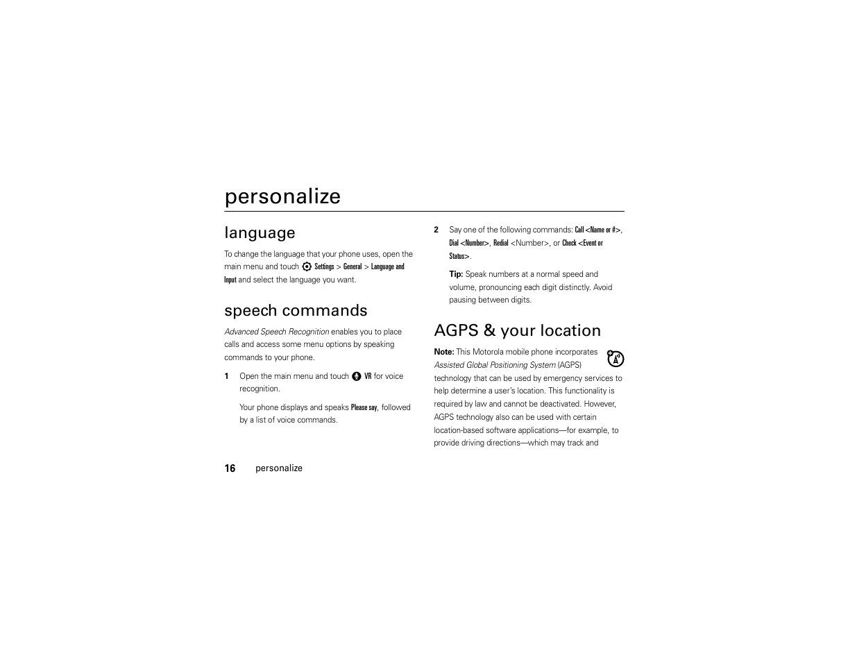 Personalize, Language, Speech commands | Agps & your location | Motorola Evoke 68000201338-C User Manual | Page 18 / 128