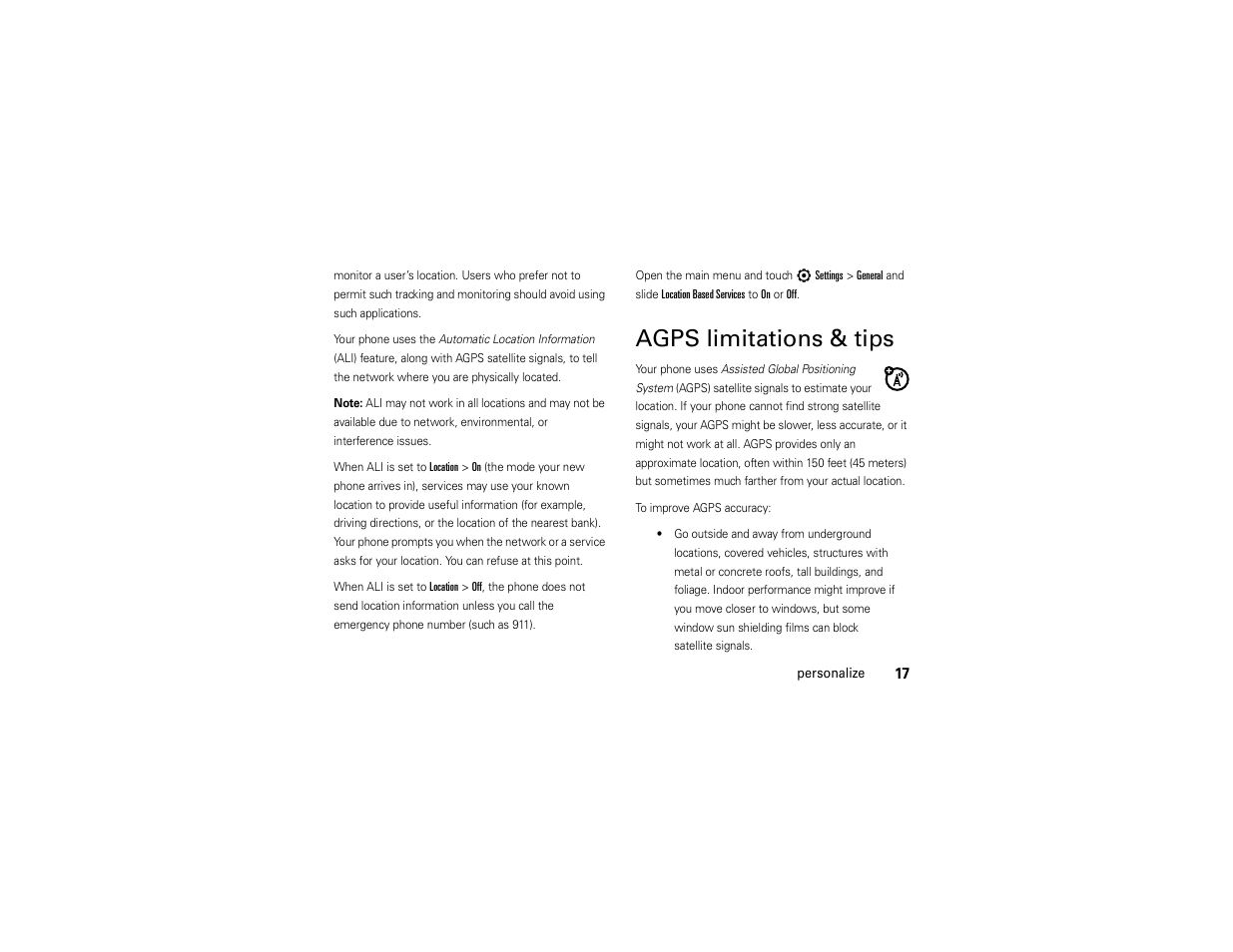 Agps limitations & tips | Motorola Evoke 68000201338-C User Manual | Page 19 / 128