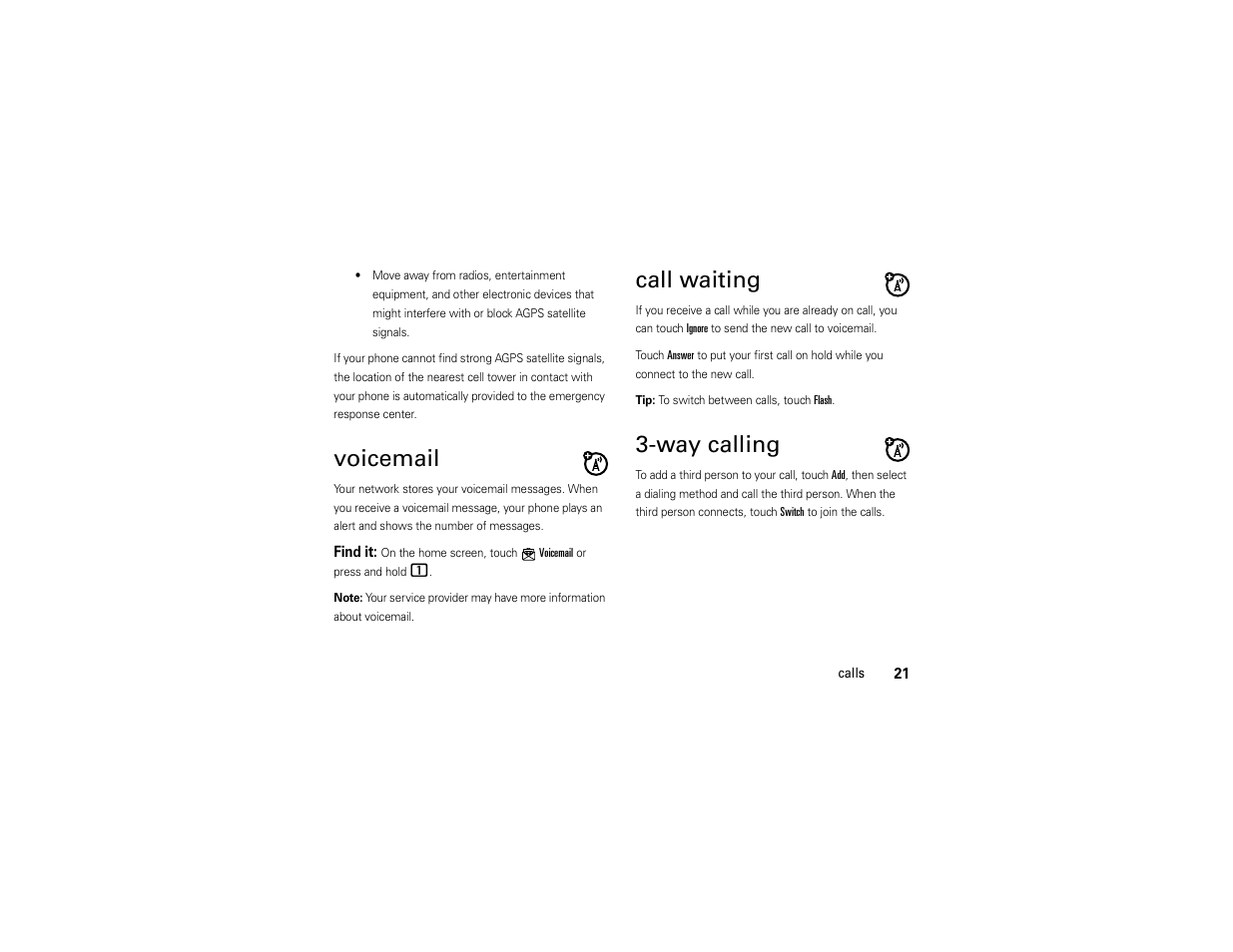 Voicemail, Call waiting, Way calling | Motorola Evoke 68000201338-C User Manual | Page 23 / 128