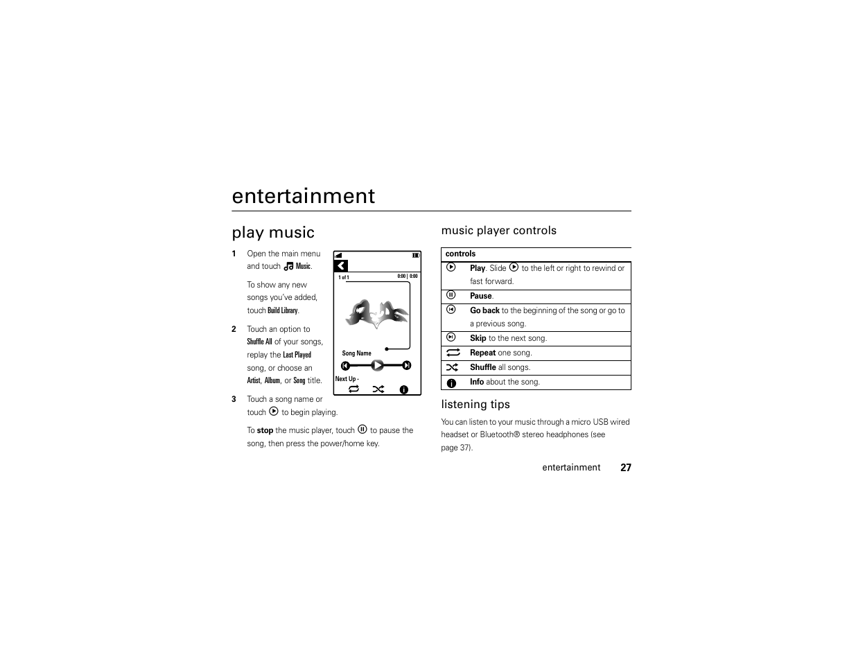 Entertainment, Play music | Motorola Evoke 68000201338-C User Manual | Page 29 / 128