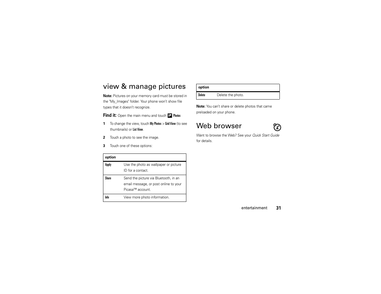 View & manage pictures, Web browser | Motorola Evoke 68000201338-C User Manual | Page 33 / 128