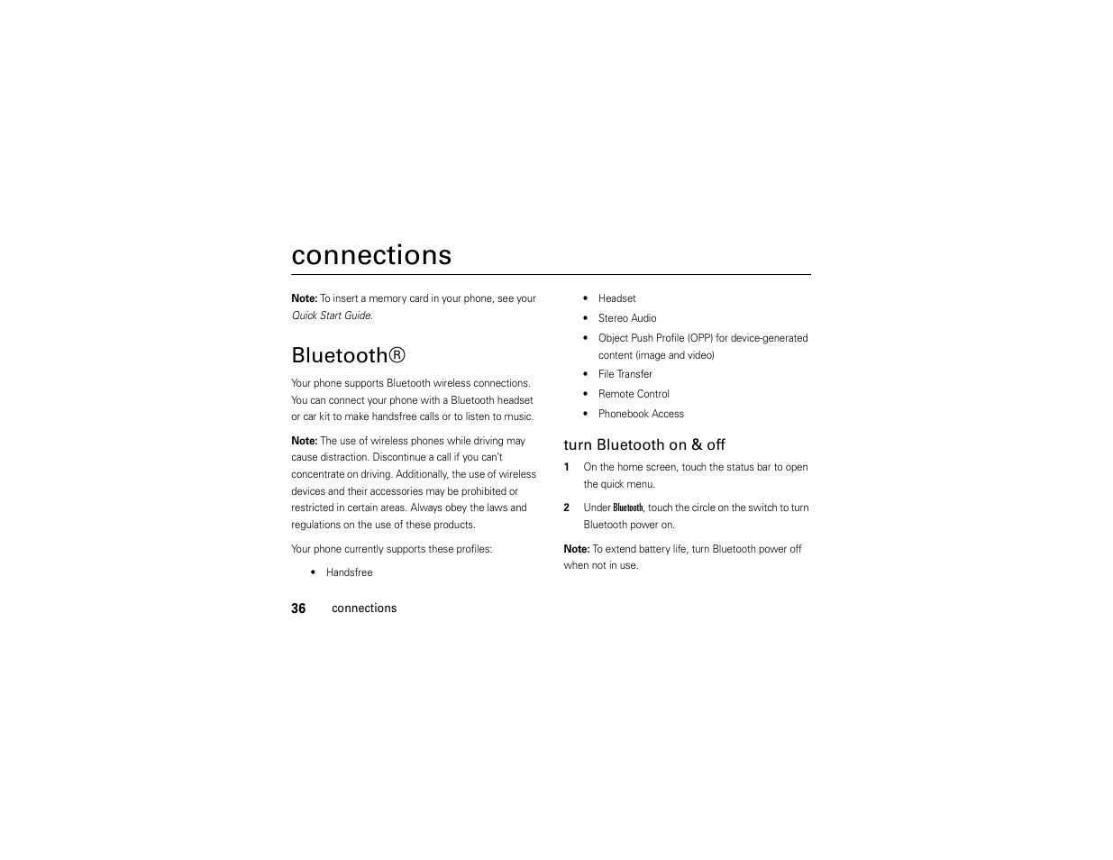 Connections, Bluetooth | Motorola Evoke 68000201338-C User Manual | Page 38 / 128