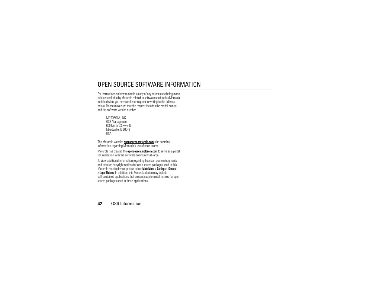 Oss information, Open source software information | Motorola Evoke 68000201338-C User Manual | Page 44 / 128