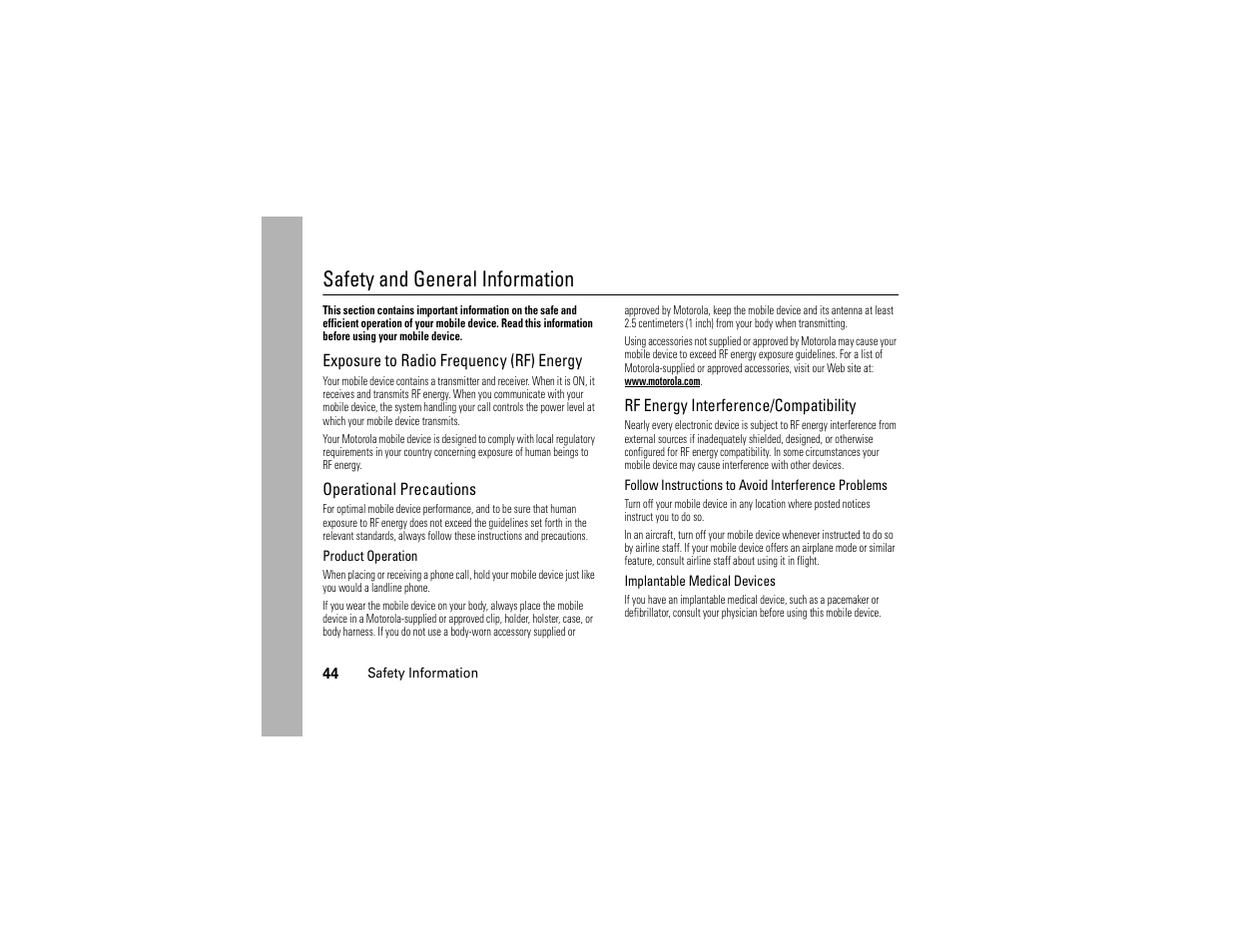 Safety information, Safety and general information | Motorola Evoke 68000201338-C User Manual | Page 46 / 128