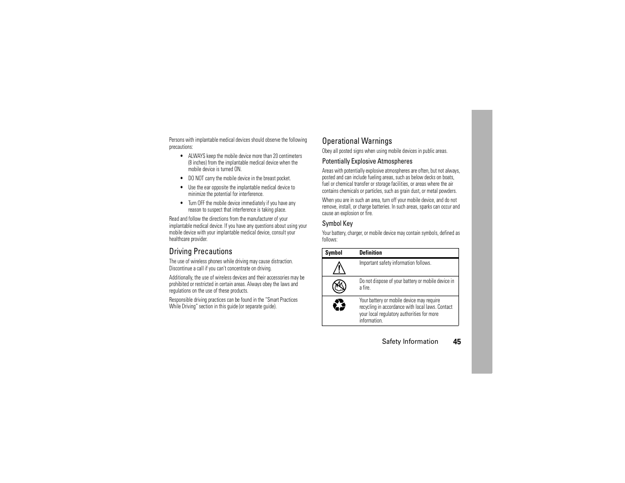 Driving precautions, Operational warnings | Motorola Evoke 68000201338-C User Manual | Page 47 / 128