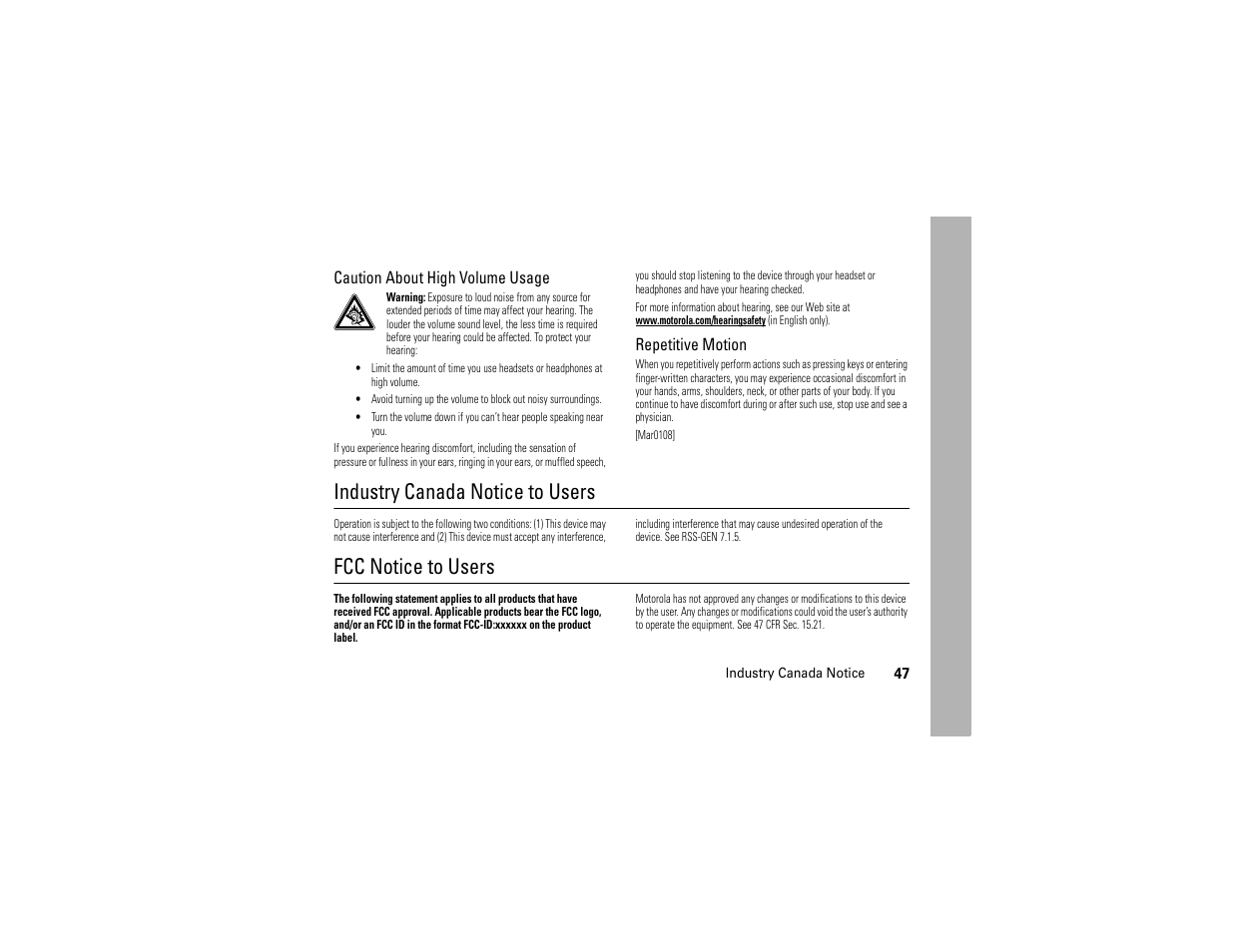 Industry canada notice, Fcc notice, Industry canada notice to users | Fcc notice to users, Caution about high volume usage, Repetitive motion | Motorola Evoke 68000201338-C User Manual | Page 49 / 128