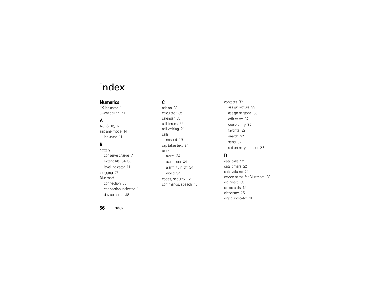 Index | Motorola Evoke 68000201338-C User Manual | Page 58 / 128